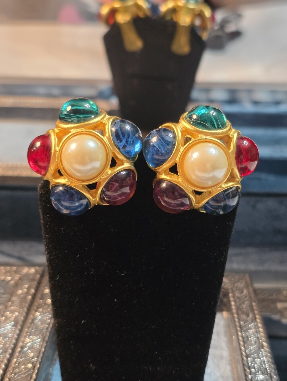 BLANCA Gripoix Multicolor Cabochon Faux Pearl Center Gold Tone Clip On Earrings